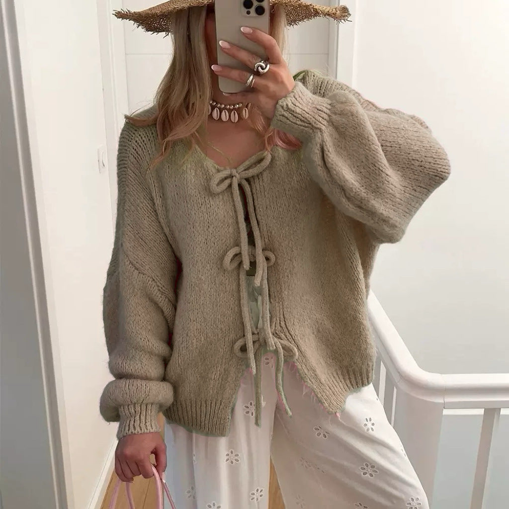 Damen Grobgestrickter Offener Cardigan mit Bindebändern, Oversize‑Silhouette und Raglanärmeln Drune
