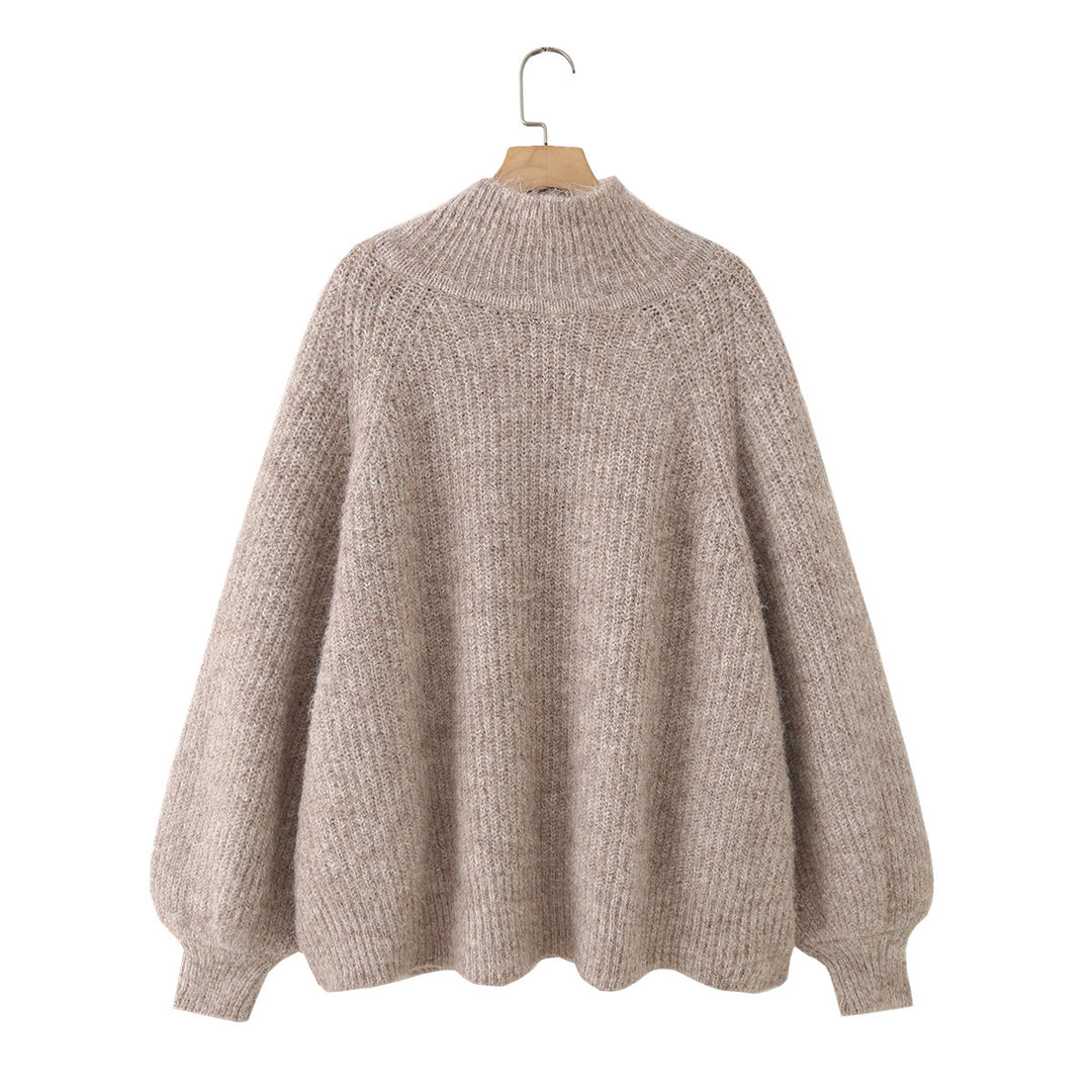 Damen Oversize Mohair-Optik Strickpullover mit Stehkragen und Ballonärmeln Drune