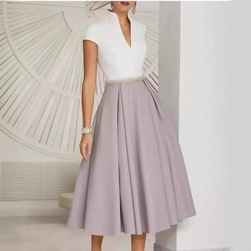 Drune | Weißes Farbblock V-Ausschnitt Ausgestellt Sommerkleid