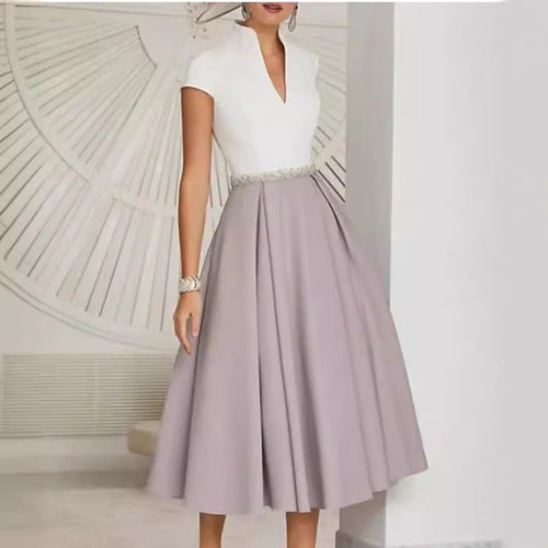 Drune | Weißes Farbblock V-Ausschnitt Ausgestellt Sommerkleid