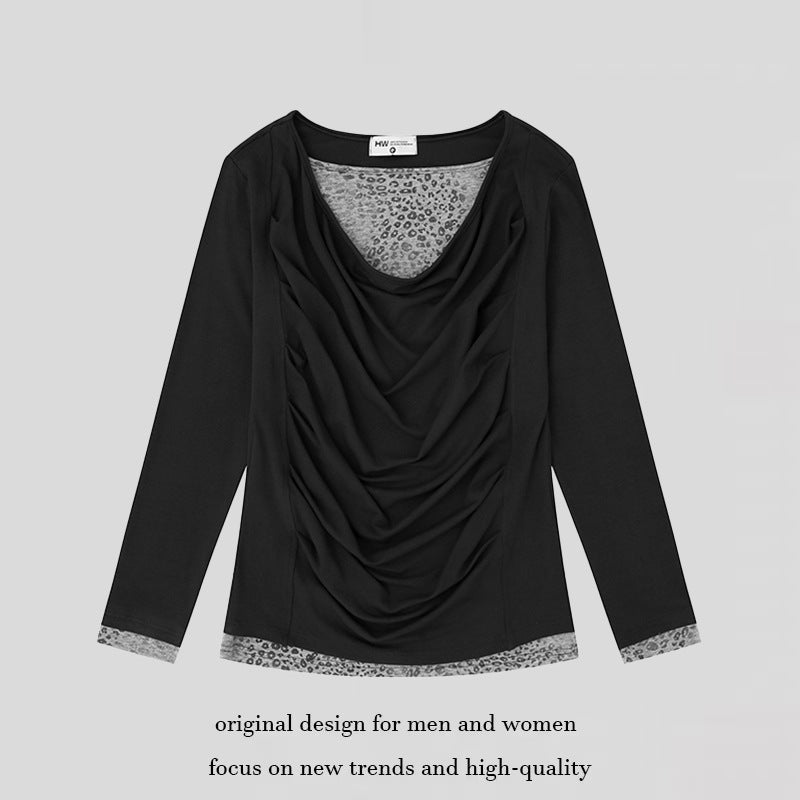 Damen Figurumschmeichelndes Langarmshirt mit Wasserfall-Drapierung und Animal-Inneneinsatz Drune