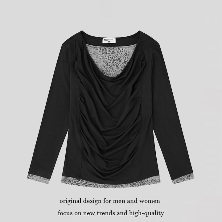 Damen Figurumschmeichelndes Langarmshirt mit Wasserfall-Drapierung und Animal-Inneneinsatz Drune