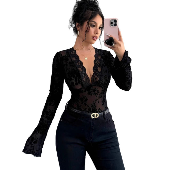 Damen nan eng anliegende transparente Mesh-Spitzenbluse mit tiefem V-Ausschnitt und floraler Veloursstruktur Drune