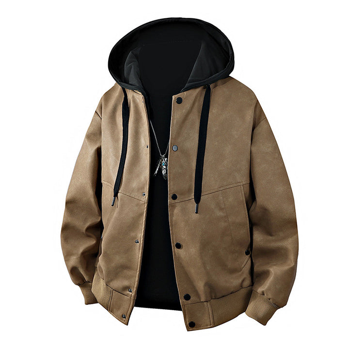 Herren Veloursleder‑Optik Kapuzenjacke mit Druckknopfblende, Oversize‑Schnitt & gerippten Bündchen Drune