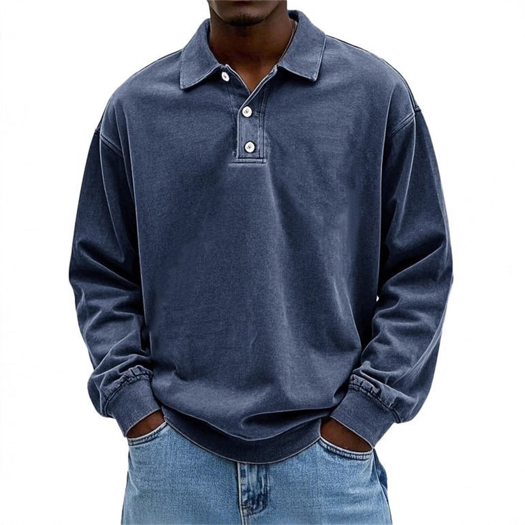 Herren Oversize Denim-Look Polo-Sweatshirt mit kurzer Knopfleiste und elastischen Bündchen EB