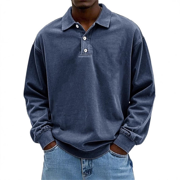 Herren Oversize Denim-Look Polo-Sweatshirt mit kurzer Knopfleiste und elastischen Bündchen EB