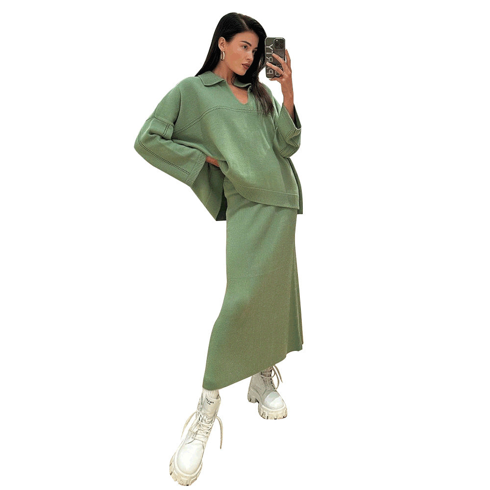 Damen Lässiger Pullover mit V-Ausschnitt und passendem Maxirock Drune