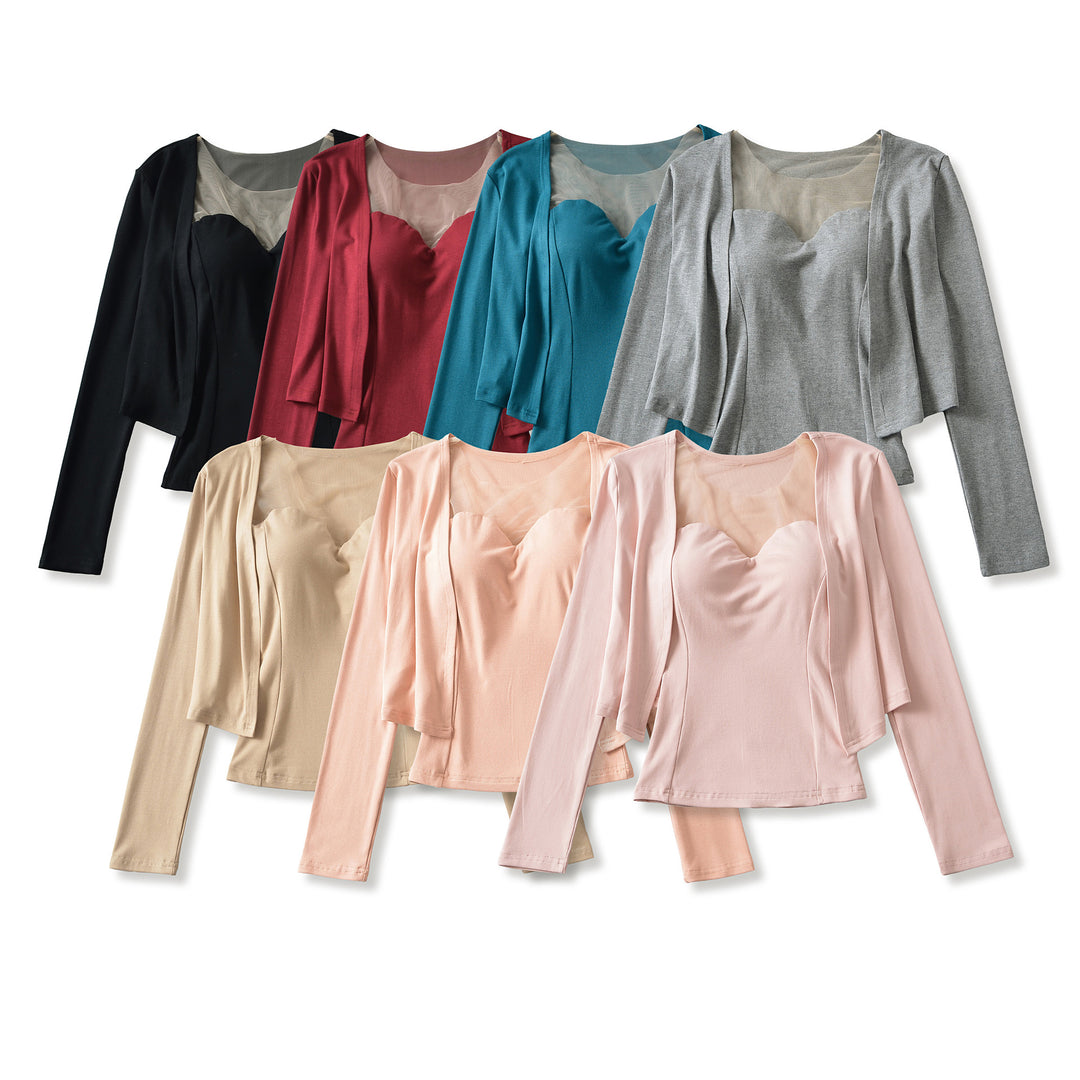 Damen Zweiteiliges Feinstrick-Top-Set mit Mesh-Einsatz und offenem Cardigan Drune