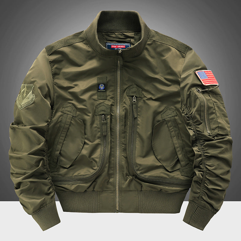 Men's  pilot-style cropped utility flight bomber with multi-zip pockets and ribbed collar Drune