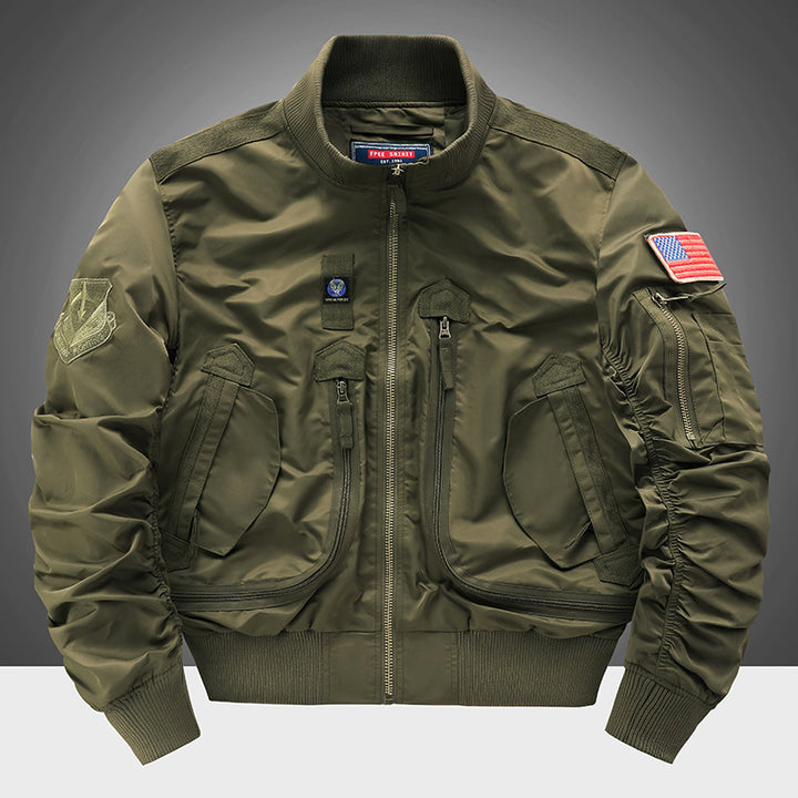 Men's  pilot-style cropped utility flight bomber with multi-zip pockets and ribbed collar Drune