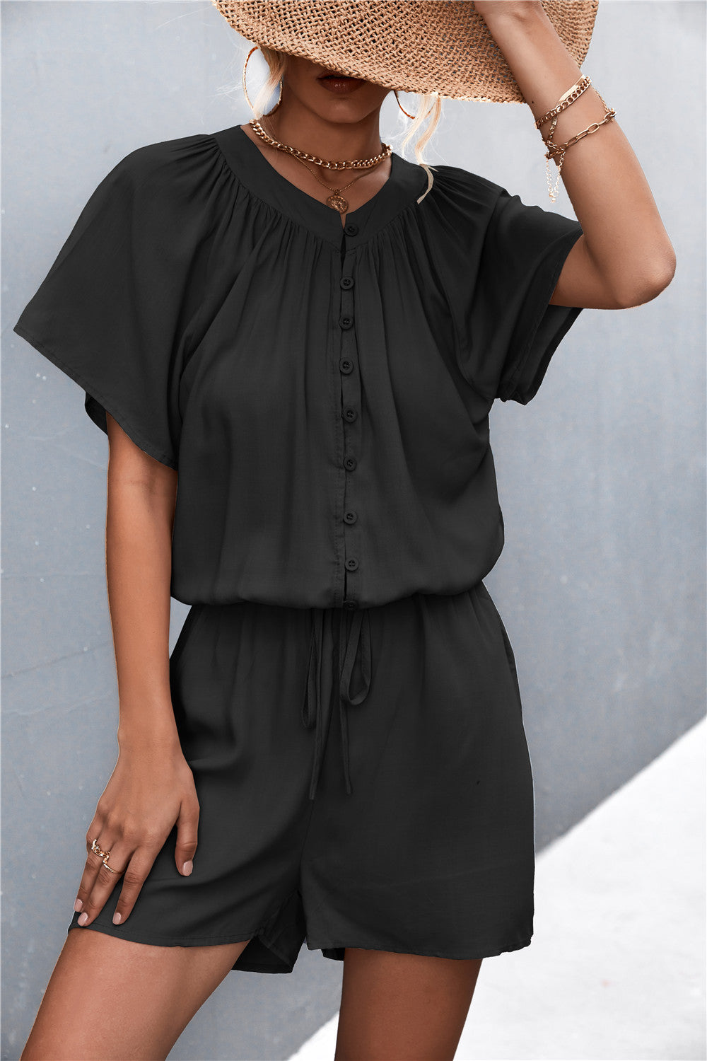 Damen Jumpsuit mit elastischem Bund und knopfverzierter Front Drune