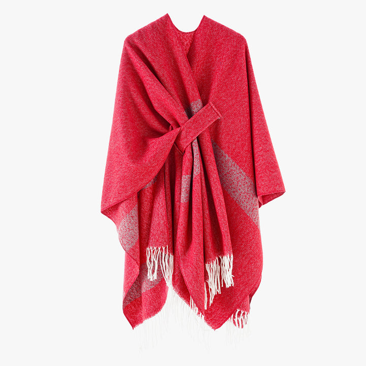 Damen Cape-Poncho mit Bindegürtel, asymmetrischem Zipfelsaum und Fransensaum Drune