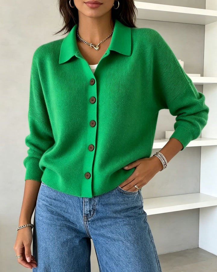Damen Feinstrick-Cardigan mit Hemdkragen, entspannter Silhouette und Holzknöpfen Drune