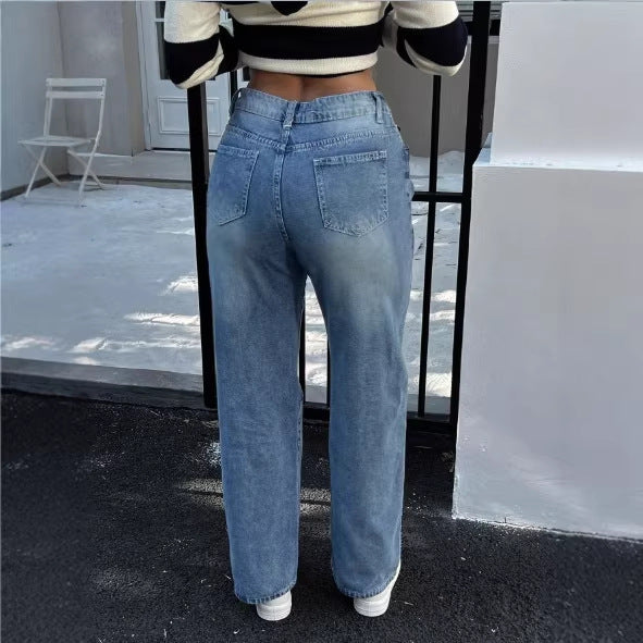 Damen hochtaillierte Relaxed‑Straight Denim‑Jeans mit weitem Bein und dezenten Destroy‑Details Drune