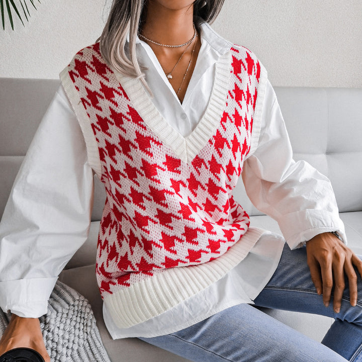 Damen Rippstrick-Weste mit V-Ausschnitt und Hahnentritt-Design Drune