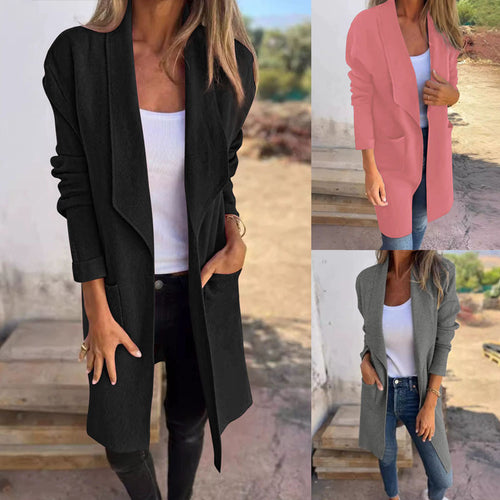Damen Longline Blazer mit Schalkragen, offenem Schnitt und aufgesetzten Taschen Drune