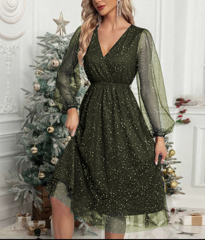 Damen Festliches Midikleid aus Glitzer‑Chiffon mit V‑Ausschnitt, tailliertem Gummibund und Ballonärmeln Drune
