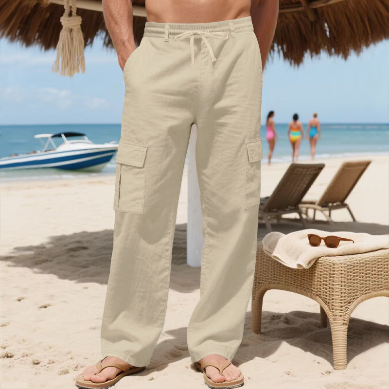 Herren nan lockere Cargo-Strandhose aus Leinenmix mit elastischem Bund und verstellbarem Kordelzug Drune