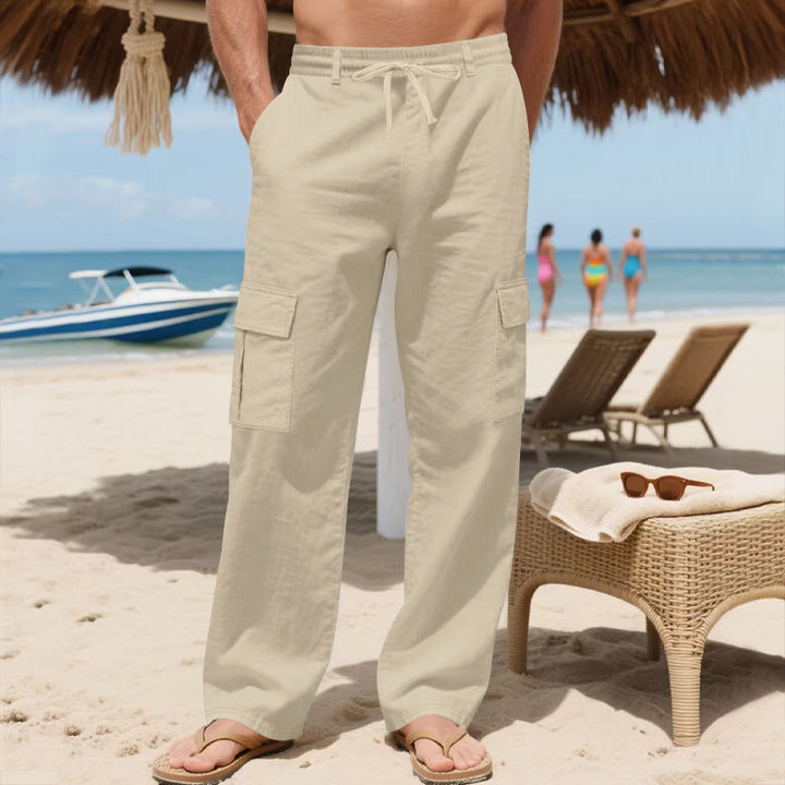 Herren nan lockere Cargo-Strandhose aus Leinenmix mit elastischem Bund und verstellbarem Kordelzug Drune