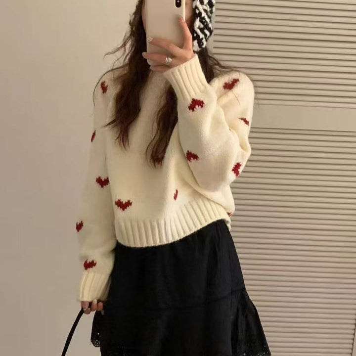 Damen gestrickter Pullover mit Herzmuster und weitem Bund Drune