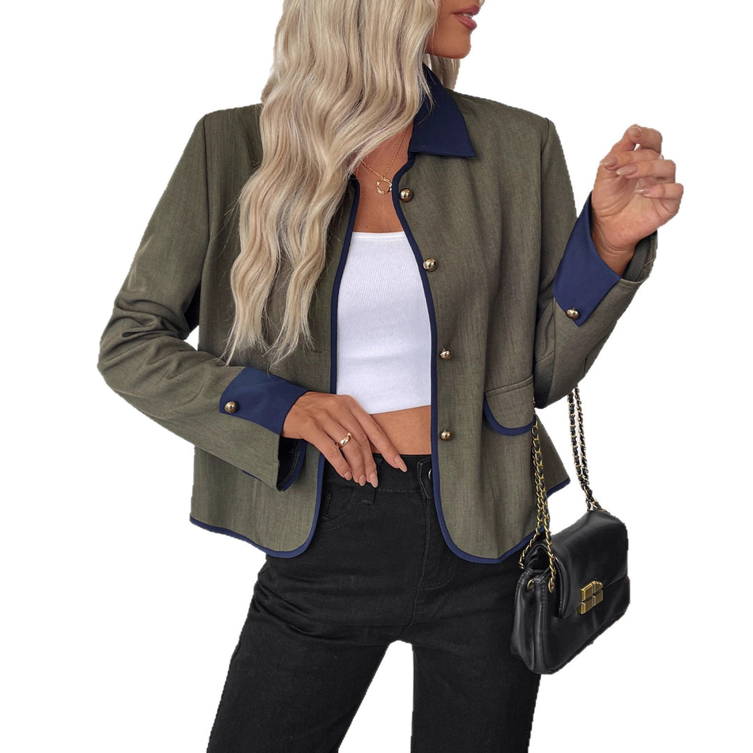 Damen Kurzblazer mit Kontrastpaspel, Umlegekragen und Zierknöpfen Drune