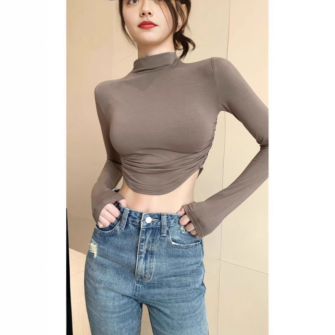 Damen Figurnahes Langarm-Cropped-Top mit Stehkragen, seitlicher Raffung und verlängerten Ärmeln Drune