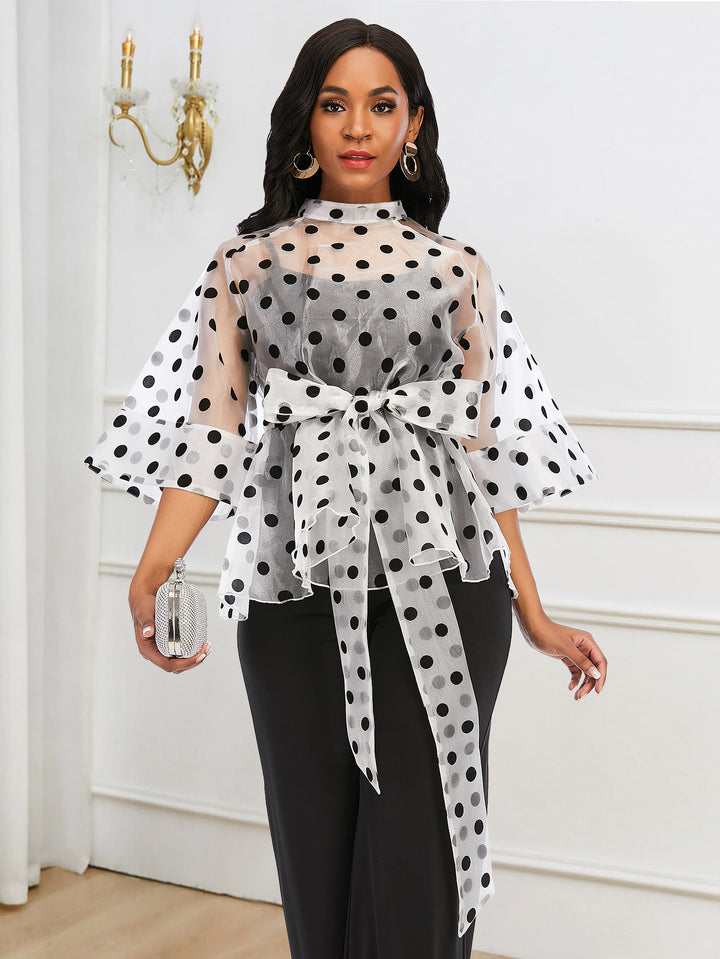 Damen Chiffonbluse mit gepunktetem Design und elegantem Taillengürtel Drune