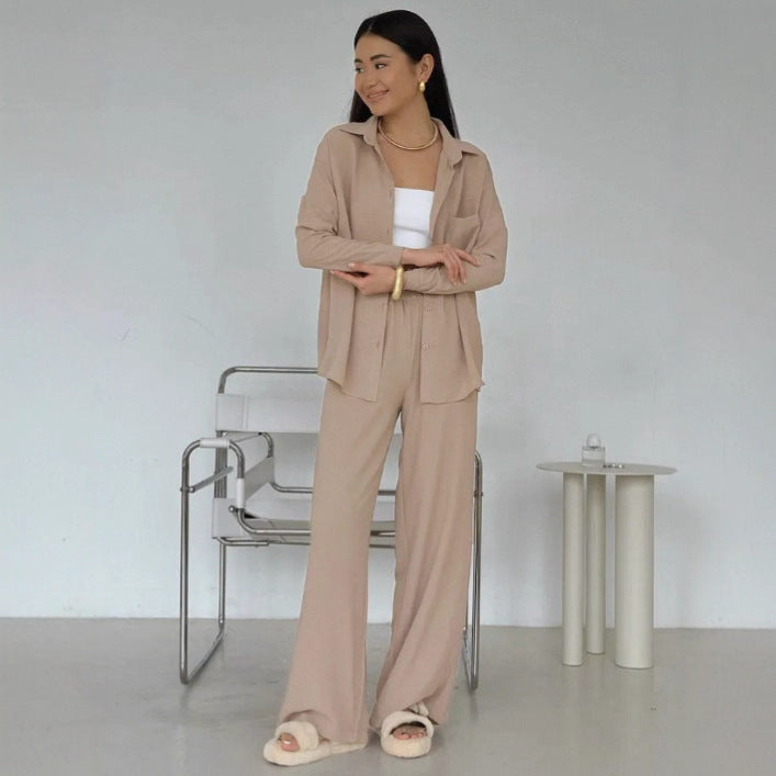 Damen Elegantes Lounge-Set aus weichem Stoff mit Hemd und weitem Hosen Drune
