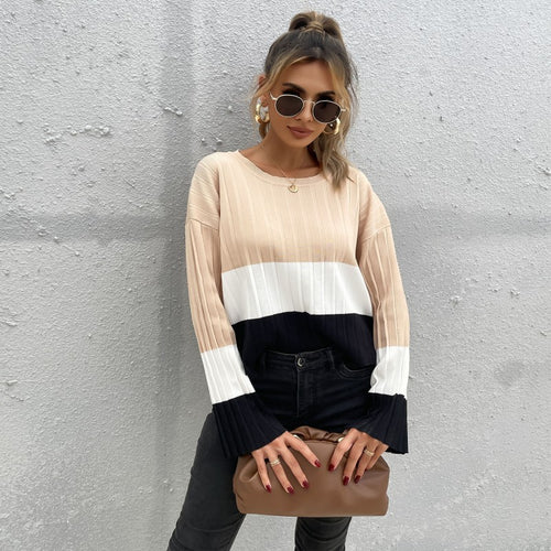 Damen Lässiger Strickpullover mit Rippstruktur und weiten Ärmeln Drune