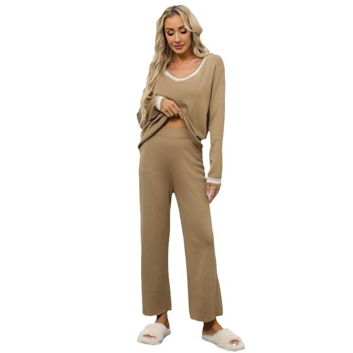 Damen elegantes Strick-Loungewear-Set mit tiefem V-Ausschnitt und breitem Bund Drune