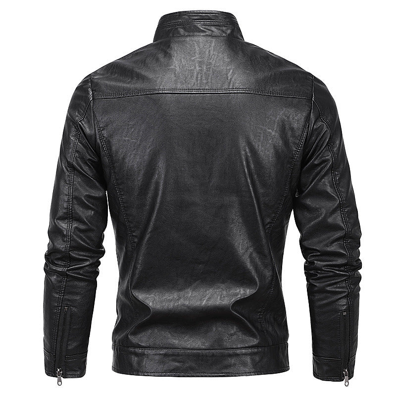Herren Slim-Fit Kunstlederblouson mit Stehkragen und Reißverschlusstaschen Drune