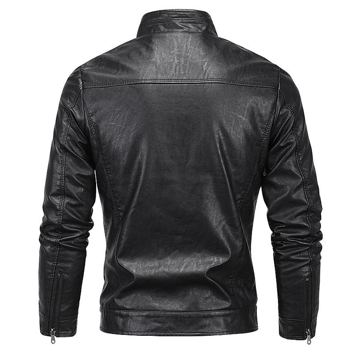 Herren Slim-Fit Kunstlederblouson mit Stehkragen und Reißverschlusstaschen Drune