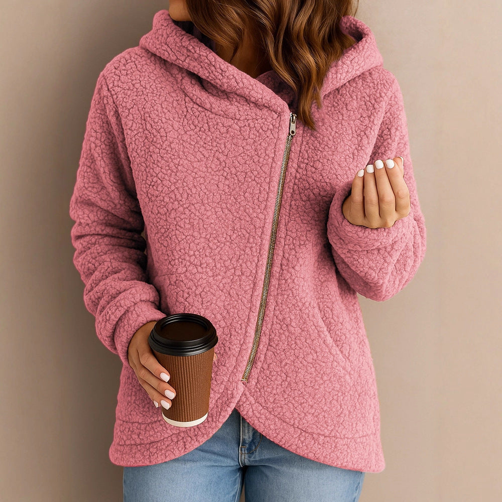 Damen Flauschige Kapuzenjacke mit asymmetrischem Reißverschluss Drune