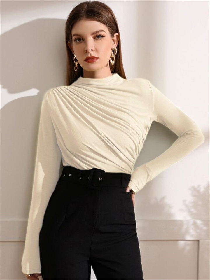 Damen Figurbetontes Langarmshirt mit seitlichem Drapieren und Stehkragen Drune