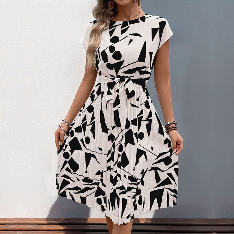 Damen plissiertes Maxikleid mit kunstvollem Muster und taillierbarem Bindegürtel Drune
