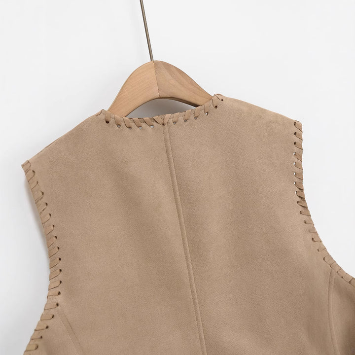 Damen Kurze Wildlederoptik‑Weste mit Ziernaht‑Whipstitch und taillierten Abnähern Drune