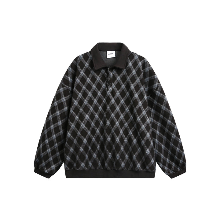 Damen Karierter Oversize‑Polo‑Pullover mit Halbknopfleiste und Rippbündchen Drune