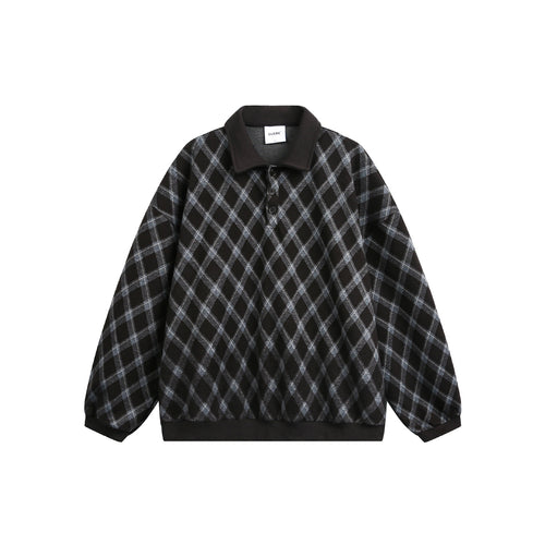 Damen Karierter Oversize‑Polo‑Pullover mit Halbknopfleiste und Rippbündchen Drune