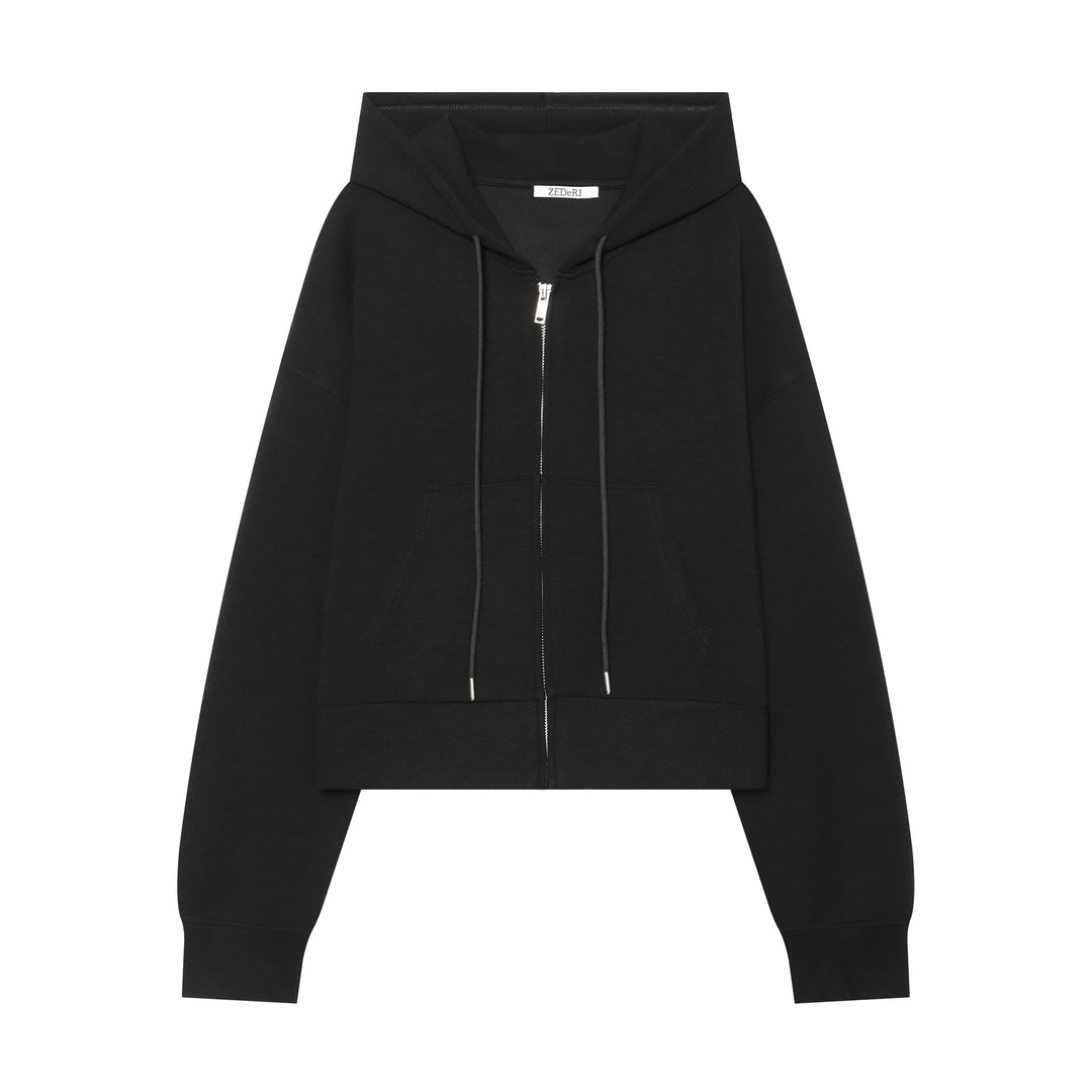 Damen Cropped Sweatjacke mit Metallreißverschluss, Kängurutasche und oversized Kapuze Drune