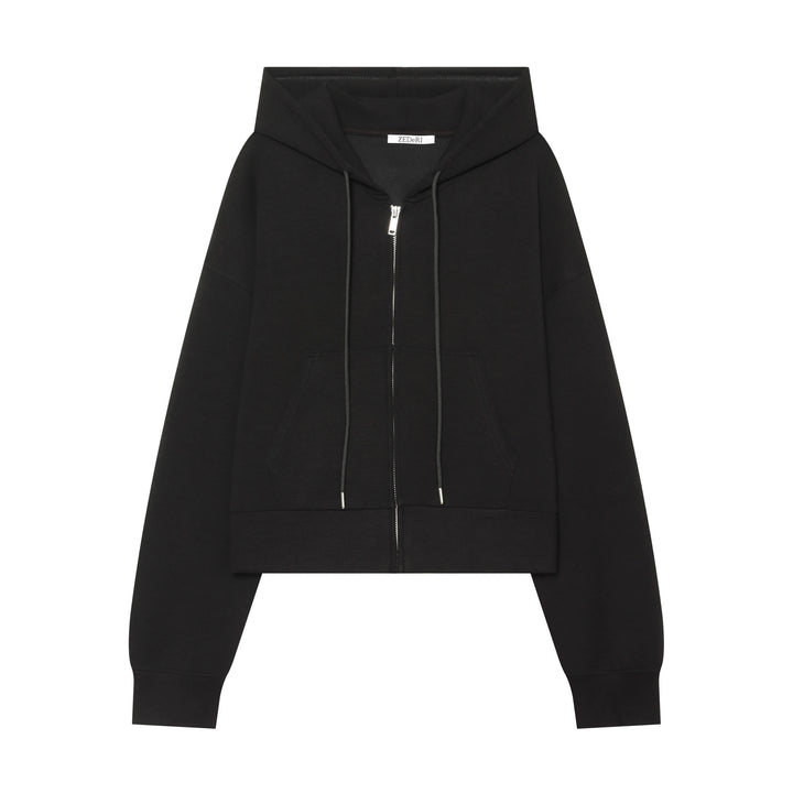 Damen Cropped Sweatjacke mit Metallreißverschluss, Kängurutasche und oversized Kapuze Drune