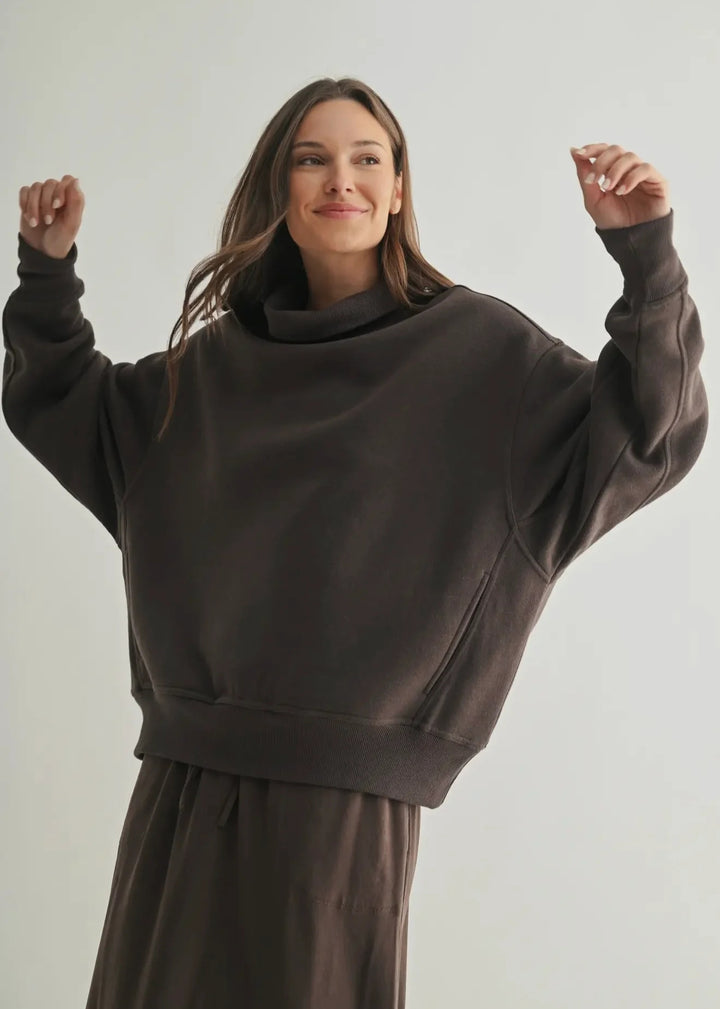 Damen lässiger Oversized Pullover mit hohem Stehkragen und Rippdetails Drune