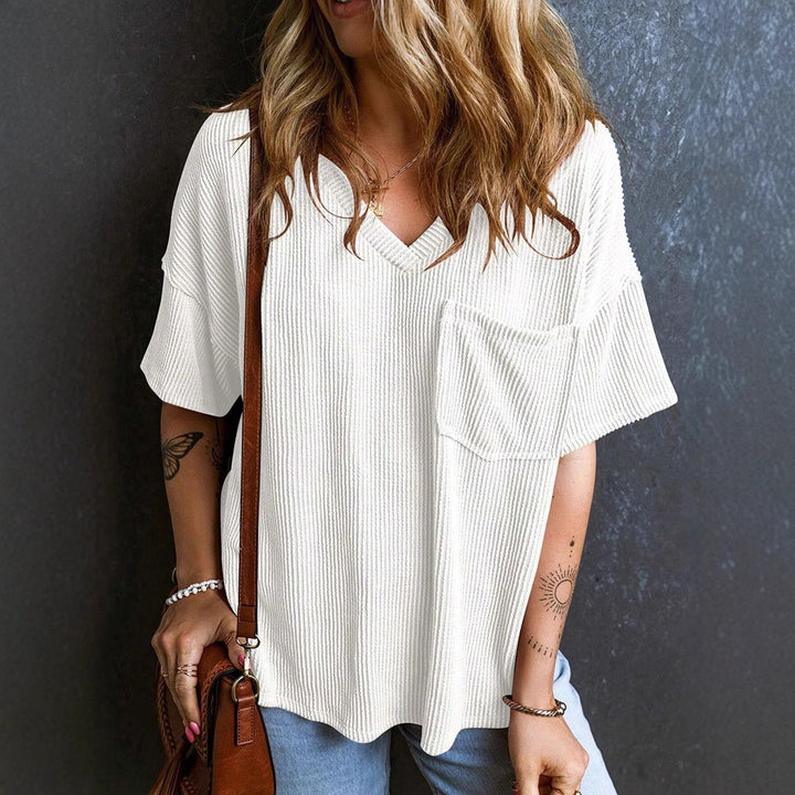Damen Lässiges Rippstrick Oversize T-Shirt mit V-Ausschnitt und Brusttasche Drune