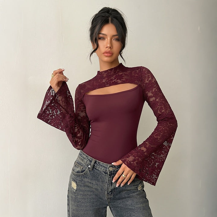 Damen Elegantes Spitzenoberteil mit Y-Ausschnitt und Volantärmeln Drune