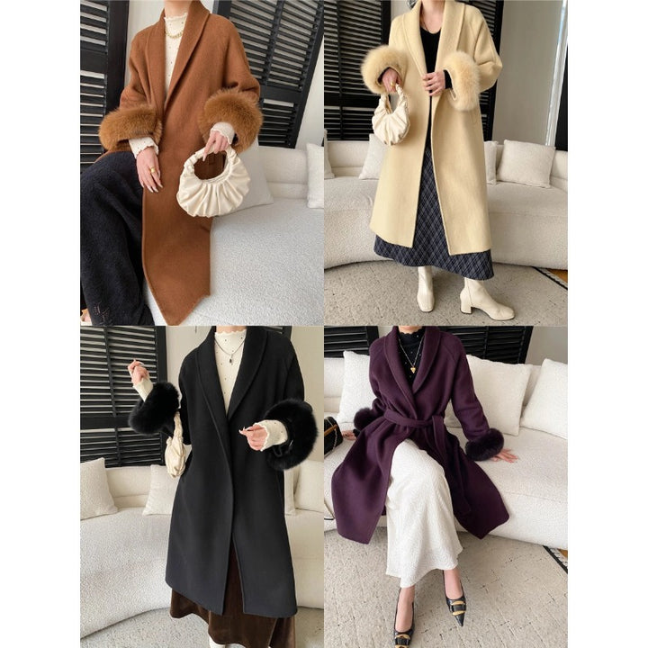 Damen eleganter Langmantel mit samtigen Abschlüssen und großzügigem Schnitt Drune