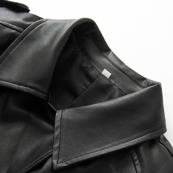 Damen nan kurz geschnittene Trench-Optik Kunstlederjacke mit Bindegürtel und Schulterpatten Drune