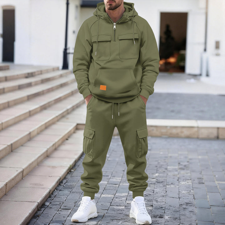 Herren technischer Oversize-Hoodie mit Halbzip, Kapuze, Kängurutasche und aufgesetzten Utility-Taschen Drune