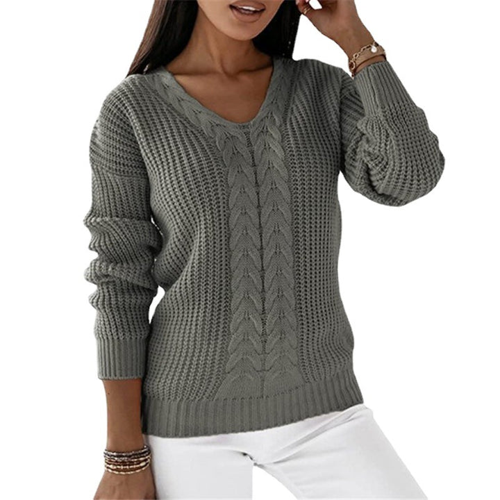 Damen nan grob gestrickter V-Ausschnitt Pullover mit Zopfmuster und lockerer Silhouette Drune
