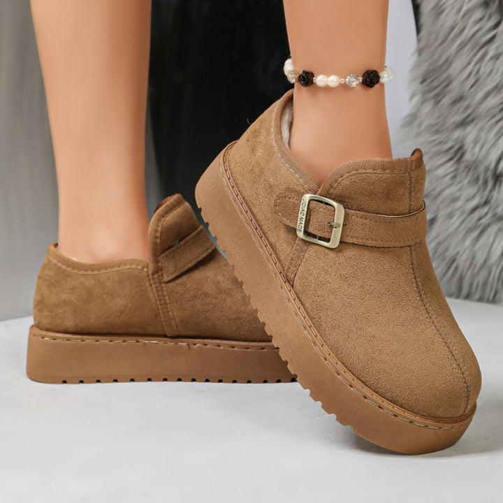 Damen Gefütterte Kurzschaft-Stiefel in Wildleder-Optik mit Plateau und Schnallenriemen Drune