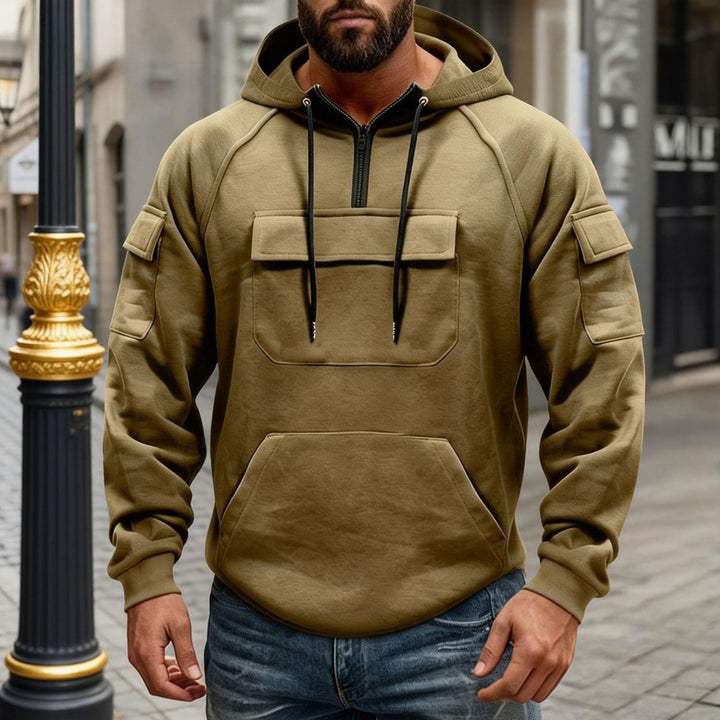 Herren funktionaler Kapuzenpullover mit halbem Frontreißverschluss, aufgesetzter Fronttasche mit Klappe und Kängurutasche Drune