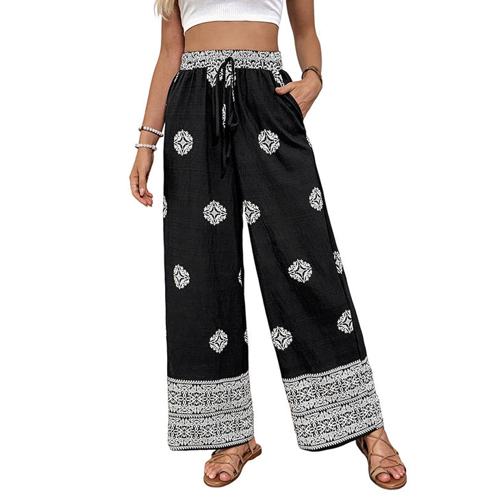 Damen Boho-Print Palazzohose mit weitem Bein, elastischem Tunnelzugbund und seitlichen Taschen Drune